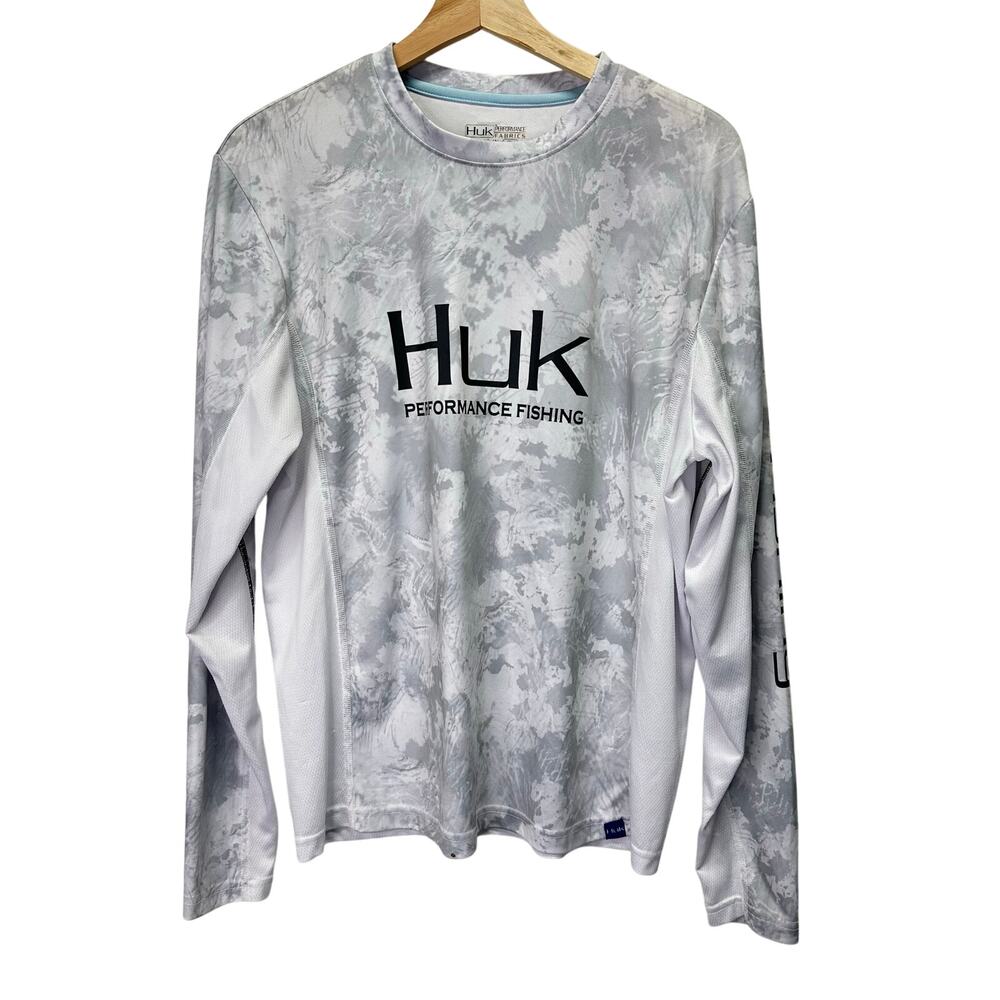 Huk Performace Fabrics‎ Gray and White Camo Long Sleeve Fishing Shirt Mens Small